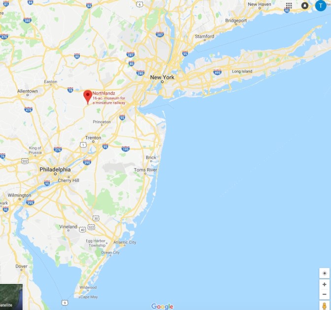 Map of New Jersey, with red pin in the location of Northlandz