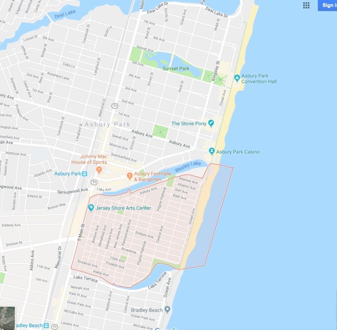Map of Ocean Grove New Jersey with Asbury Park directly to the north.