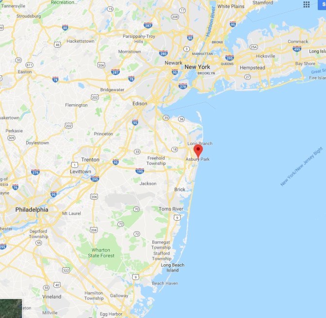 Map of New Jersey and New York City with a red pin in the location of Asbury Park.