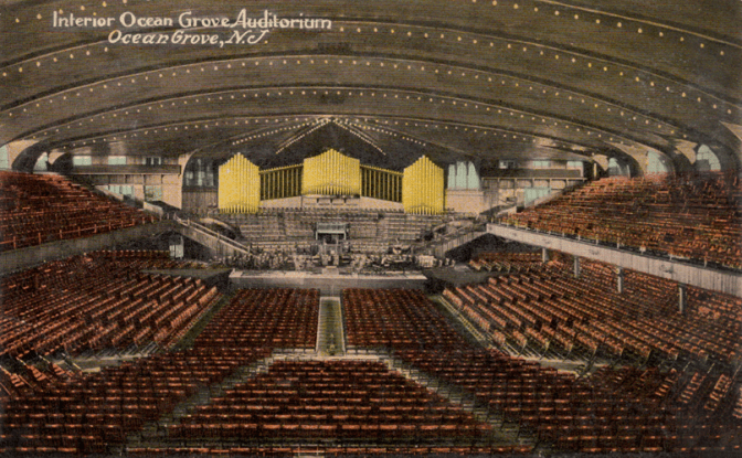 Postcard drawing of interior of Great Auditorium.