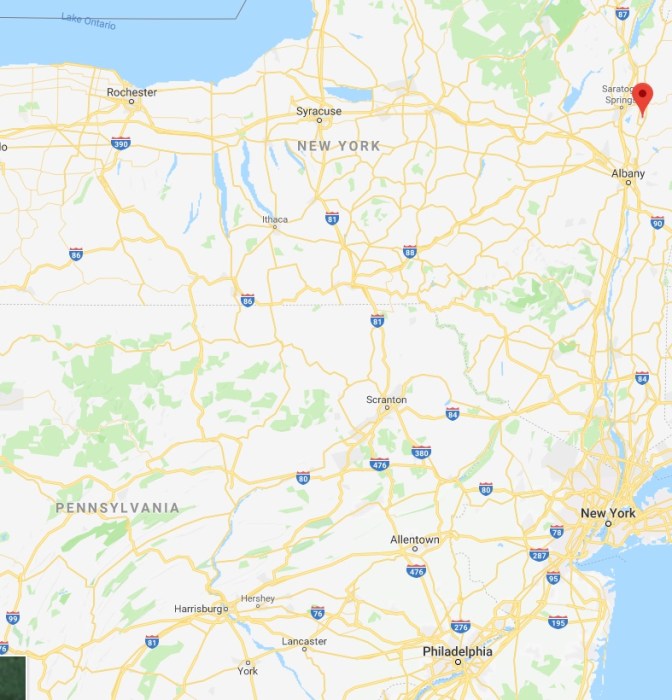 Map of New York State, with a red pin in the location of Saratoga Battlefield.