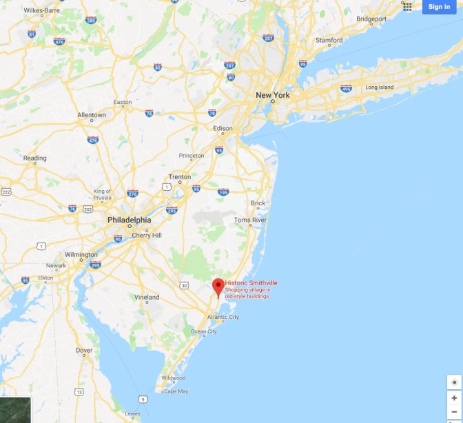 Map of New Jersey with a pin in the location of Historic Smithville, on the east coast near Atlantic City.