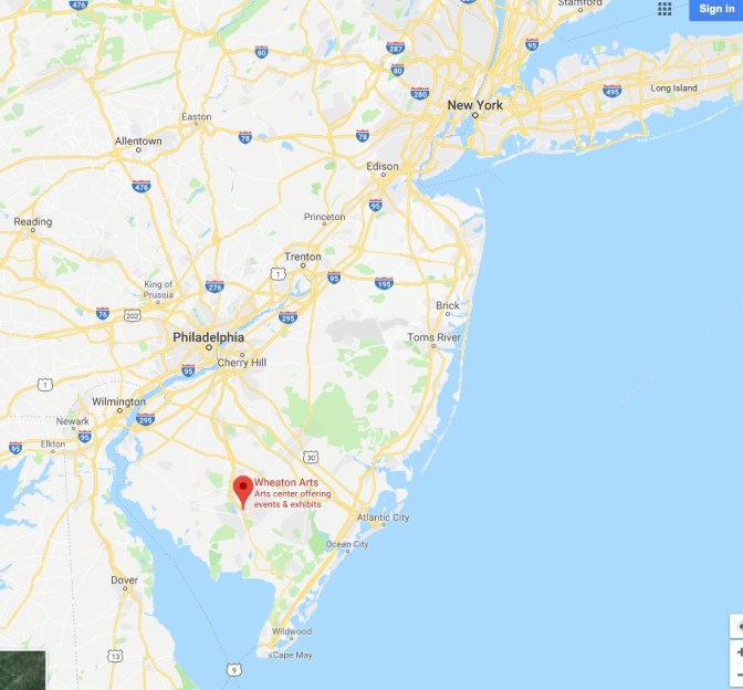 Map of New Jersey with red pin in the location of Wheaton Arts in Millville, NJ.