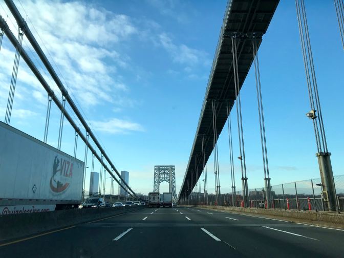 George Washington Bridge, taken from behind car windshield.