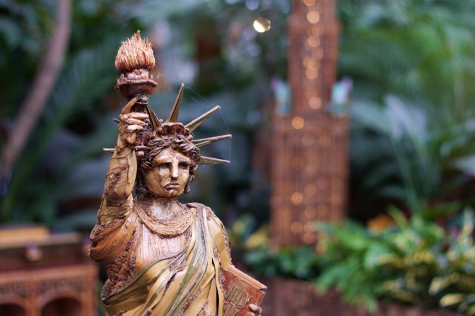 Close-up of head of Statue of Liberty.