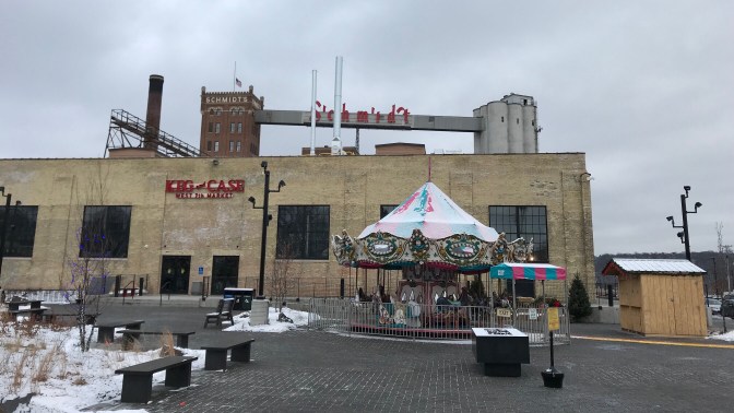 Exterior of Keg and Case market, with Schmidt brewery in the background.