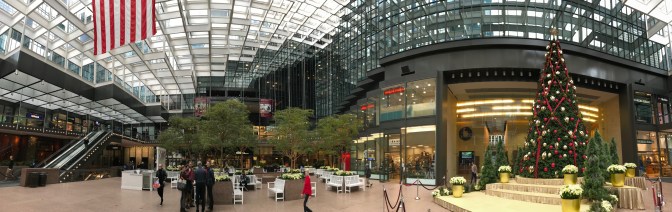 Lobby of IDS Center. A Christmas Tree is on the right side of the image.