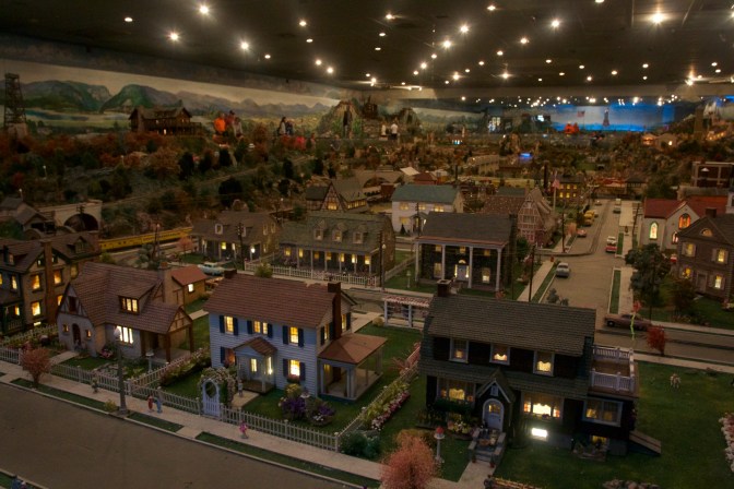 View of Roadside American display. A small town is in the foreground.