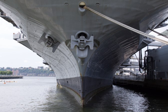 Bow photo of the USS Intrepid aircraft carrier.