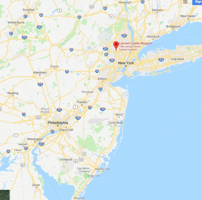 Map of New Jersey, with a red pin in the location of Lambert Castle Museum, near New York.