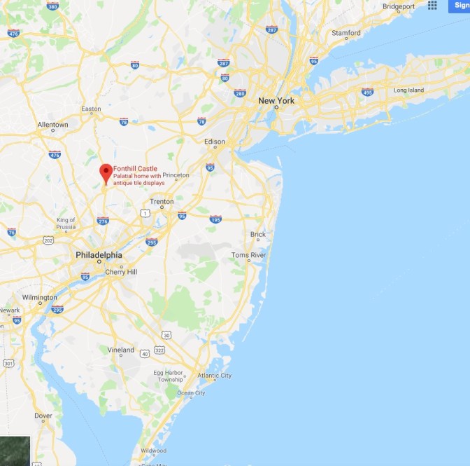Map of New Jersey, Pennsylvania, and New York, with a red pin in the location of Fonthill Castle.