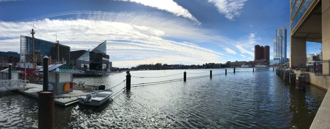 Panorama of Baltimore Inner Harbor. The aquarium is on the left.