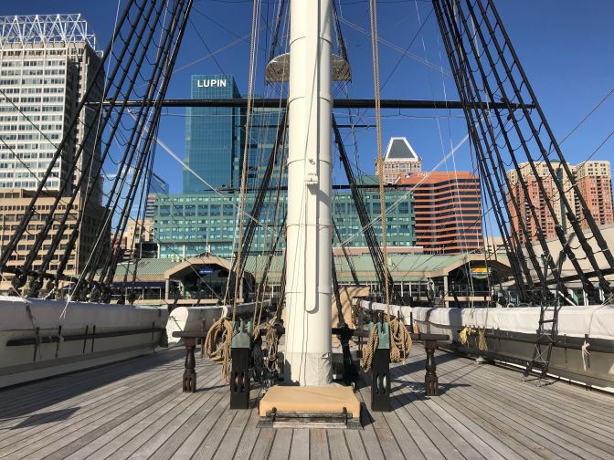 Masts and top deck of USS Constellation.