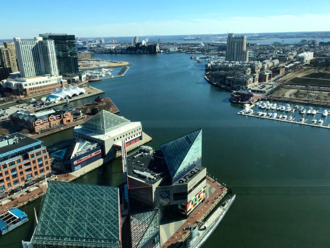 View from the top of the World Trade Center. The aquarium and Torsk are at the bottom center.