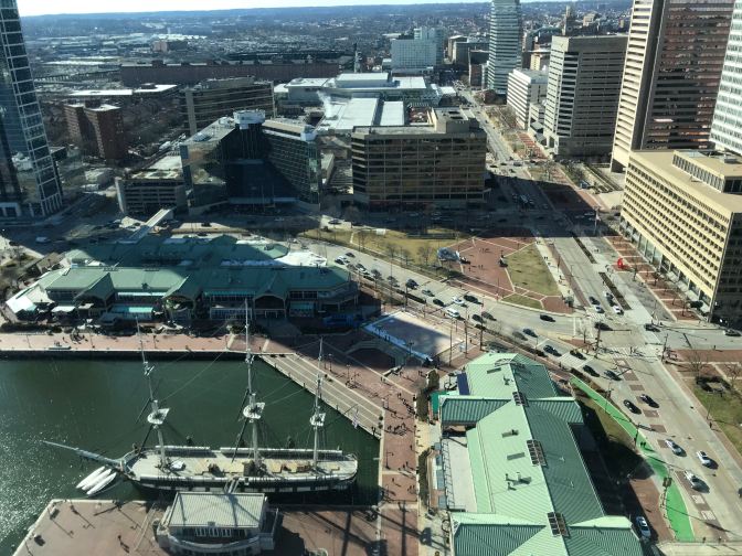 View of Baltimore skyline, with the USS Constellation at the bottom of the image.