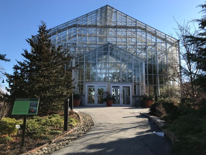 Glass and steel greenhouse at Roger Williams Conservatory.