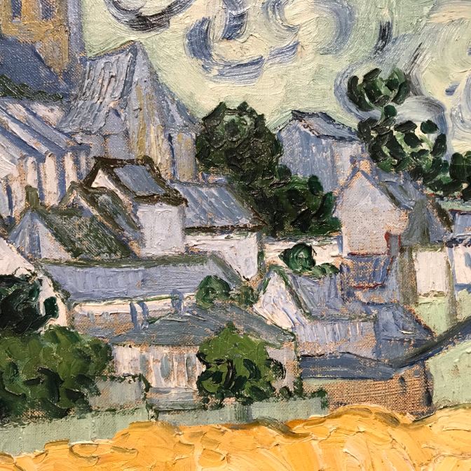 Close-up of Auvers-sur-Oise, with thick brush strokes evident in the painting.