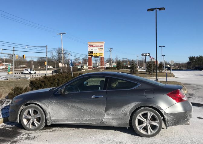 2012 Honda Accord coupe, covered in salt.
