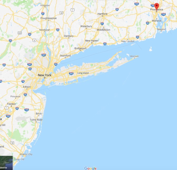 Map of New Jersey, New York, Connecticut, and Rhode Island, with a red pin in the location of Providence.