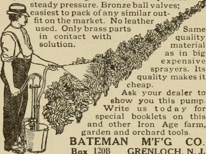 Ad for Bateman Manufacturing Company. The add, with partial text, shows a man using a spayer on a row of crops.