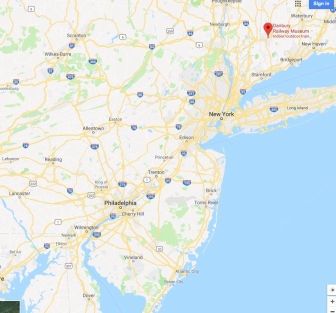 Map of New York, New Jersey, Pennsylvania, and Connecticut with a red pin in the location of Danbury in Western Connecticut.