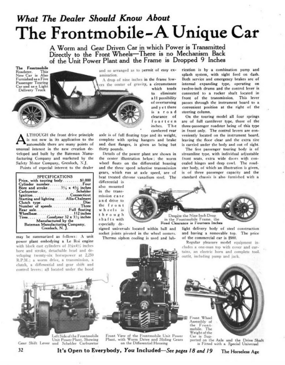 PDF of ad for Frontmobile. Has photograph of Frontmobile Roadster, Roadster chassis with engine and wheels, close-up of front suspension, engine, and transmission. Text reads: WHAT THE DEALER SHOULD KNOW ABOUT THE FRONTMOBILE A UNIQUE CAR A WORM AND GEAR DRIVEN CAR IN WHICH POWER IS TRANSMITTED DIRECTLY TO THE FRONT WHEELS - THERE IS NO MECHANISM BACK OF THE UNIT POWER PLANT AND THE FRAME IS DROPPED 9 INCHES.