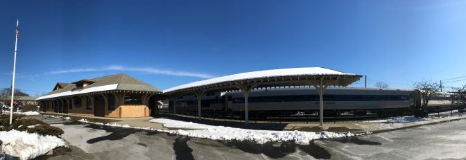 Panorama of the Danbury Railway Museum, with an MTA train in the station.