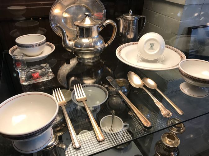 Flatware, bowls, tea and coffee pots, and an ashtray from the Pennsylvania Railroad.