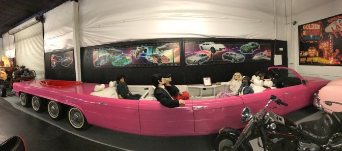 1976 Mercedes stretched limousine, in pink, with hot tub in rear.