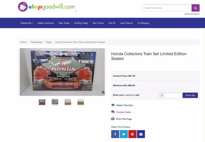 shopgoodwill.com screenshot with a listing for the Honda Collectors Train Set Limited Edition. Photo of train set box, with Current Price $61 and minimum bid $62.