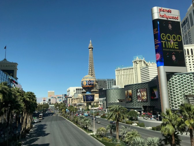 The Strip during the daytime. Planet Hollywood is on the right, and Paris casino is in the distance.