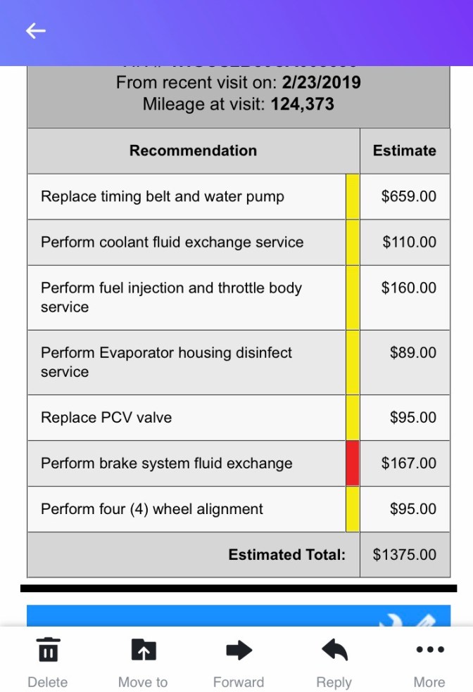 Screenshot of recommended maintenance for car. FROM RECENT VISIT ON 2/23/2019 MILEAGE AT VISIT 124,373 RECOMMENDATION REPLACE TIMING BELT AND WATER PUMP $695 PERFORM COOLANT FLUID EXCHANGE SERVICE $110 PERFORM FUEL INJECTION AND THROTTLE BODY SERVICE $160 PERFORM EVAPORATOR HOUSING DISINFECT SERVICE $89 REPLACE PCV VALVE $95 PERFORM BRAKE SYSTEM FLUID EXCHANGE $167 PERFORM FOUR WHEEL ALIGNMENT $95 ESTIMATE TOTAL $1375.00