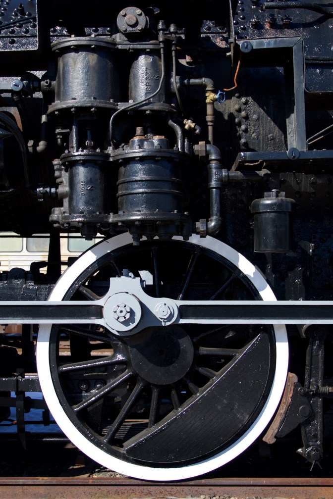 Wheel and suspension of 1455 steam locomotive.
