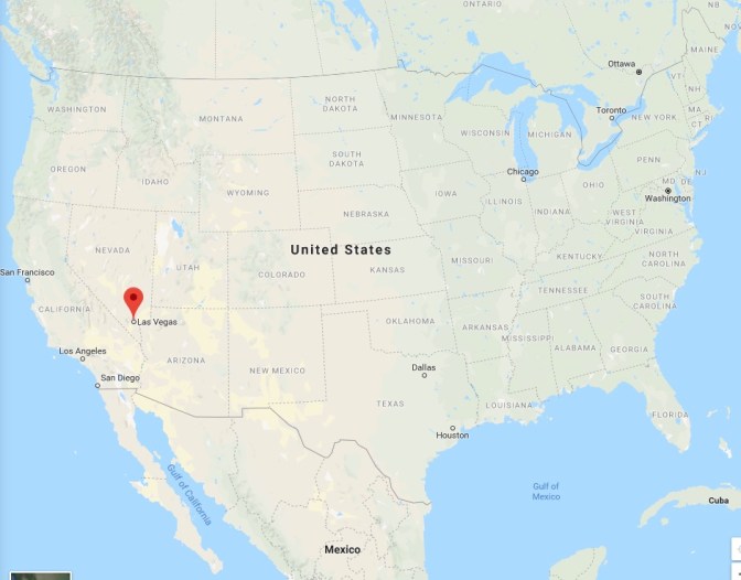 Map of the Continental United States, Mexico, and Canada, with a red pin in the location of Las Vegas.