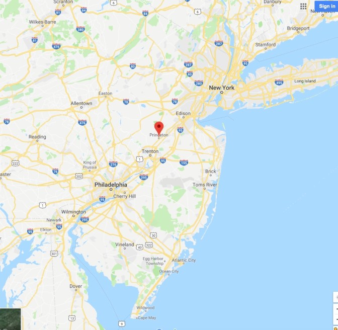 Map of New Jersey, New York, and Pennsylvania, with a red pin in the location for Princeton.