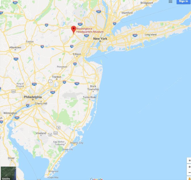 Map of New Jersey with red pin in Washington's Headquarters Museum in Morristown, west of New York City.