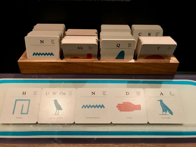 Honda, written in hieroglyphics, in a special exhibit with placards for each phonemic sound with the associated hieroglyph.