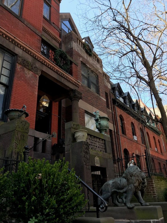 Exterior of The Mansion on O Street. Lions flank the entrance of the brick building.