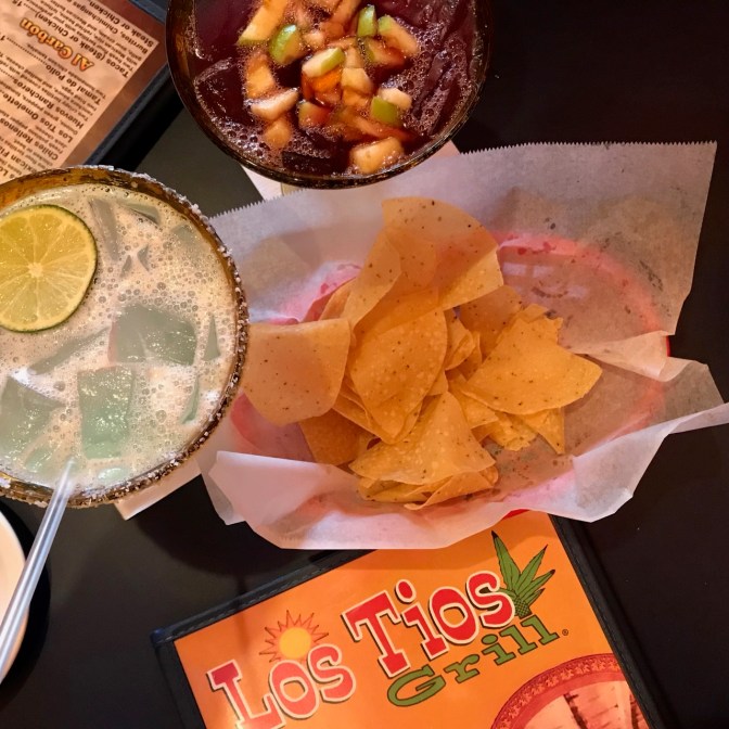 Menu of Los Tips, with sangria, margarita, and chips.