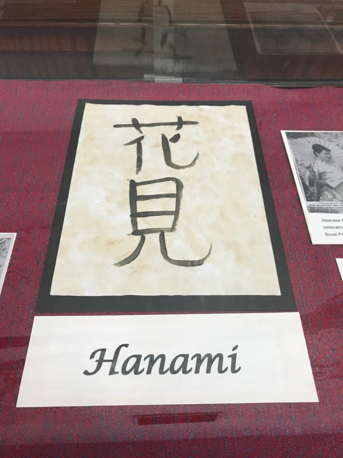 Japanese symbol and English word Hanami, in a glass case.