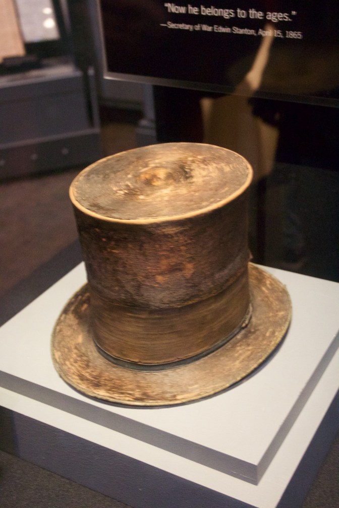 Hat worn by Abraham Lincoln, in a display case.
