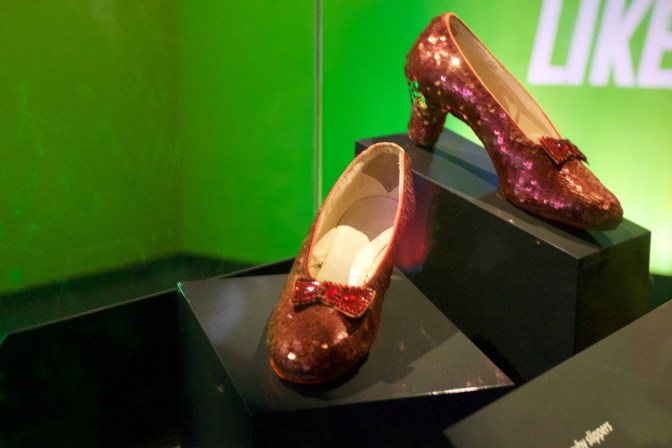 Ruby-red slippers worn by Dorothy in The Wizard of Oz.