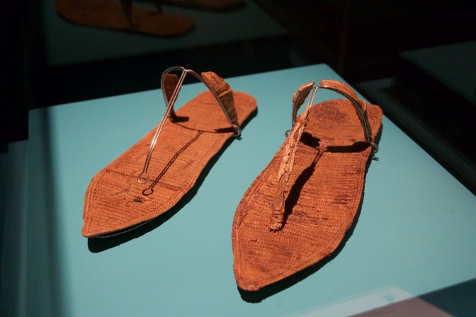 Woven sandals, on a platform.
