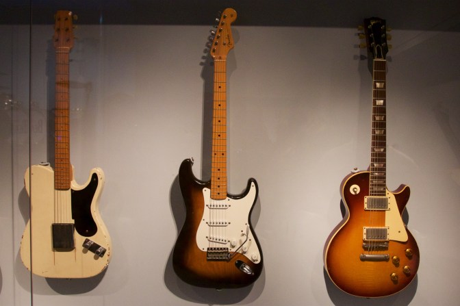 Fender Esquire prototype, Fender Stratocaster, and Gibson Les Paul.