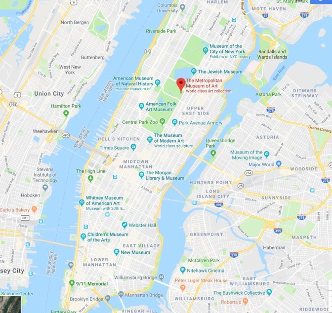 Map of New York City with a map in the location of the Metropolitan Museum of Art.