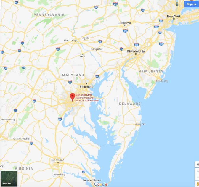 Map of Mid-Atlantic Region of the United States, with a red pin in the location of Washington D.C.