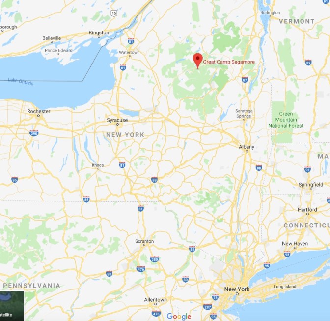 Map of New York and New Jersey, with a red pin in the location of Great Camp Sagamore.