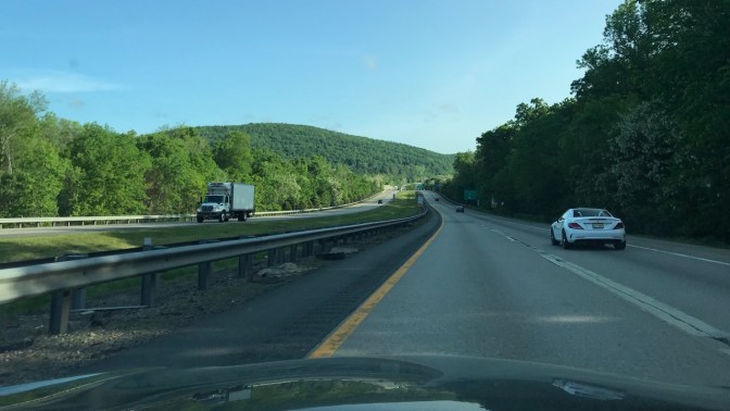 New York Thruway, with mountains in the distance.