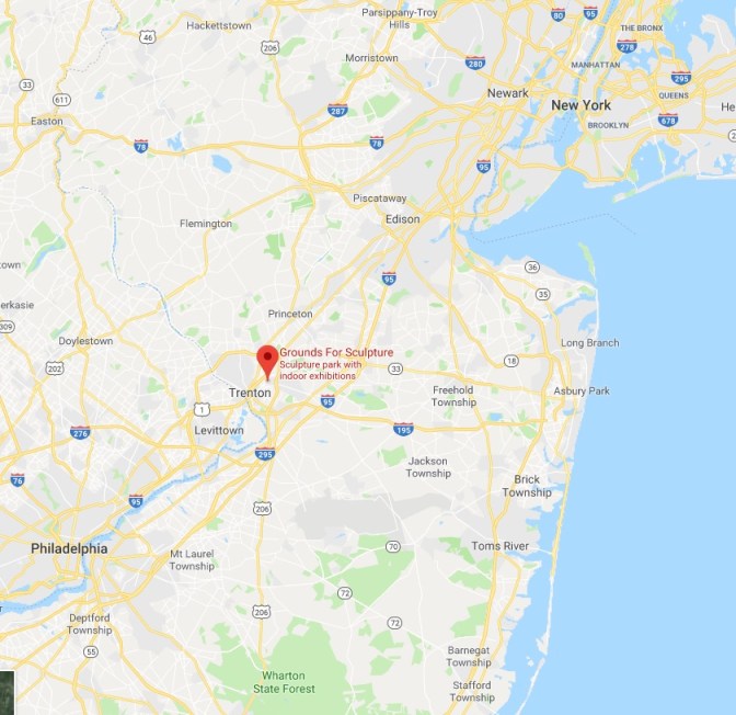 Map of New Jersey and New York with a red pin in the location of Grounds for Sculpture.