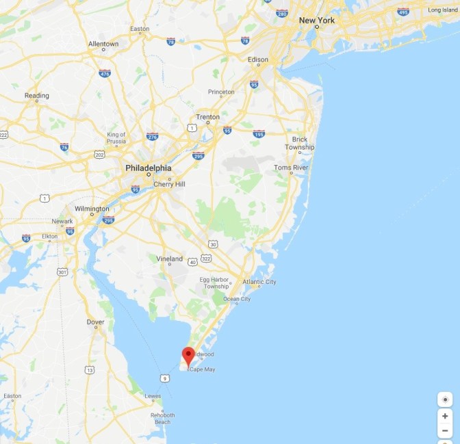 Map of New Jersey with a red pin in the location of Cape May.